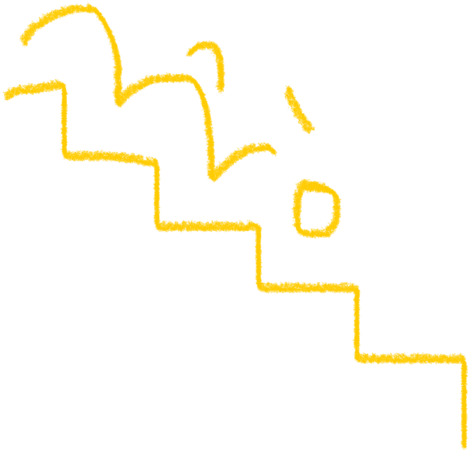 Apple notes drawing of a ball rolling down stairs.